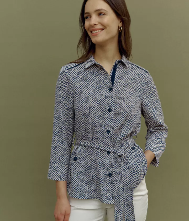 Vestes & Manteaux>DEVERNOIS Veste chemise ceinturée imprimée En crêpe Bleumarine