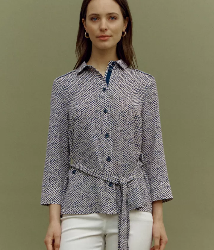 Vestes & Manteaux>DEVERNOIS Veste chemise ceinturée imprimée En crêpe Bleumarine