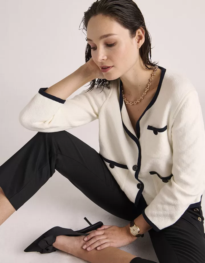 Vestes & Manteaux | Maille>DEVERNOIS Veste courte maille jacquard Tricoté en France Blanccasse