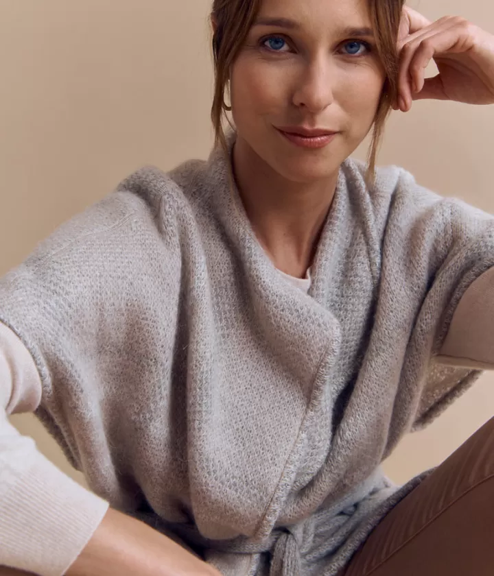 Vestes & Manteaux>DEVERNOIS Veste kimono en mohair Tricotée en France Beige