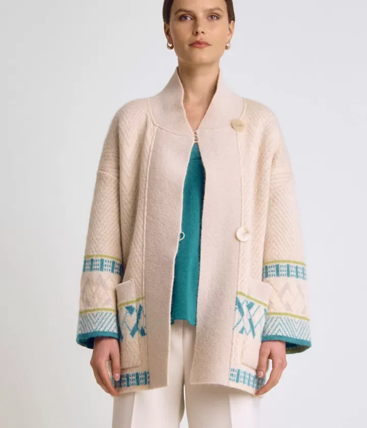 Vestes & Manteaux | Maille>DEVERNOIS Veste maille jacquard en mohair Tricotée en France Beige